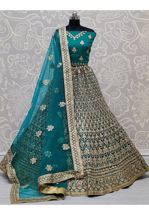 Turquoise  Heavy Bridal Lehenga Set Zari Embroidery SFANJ1181 - Siya Fashions