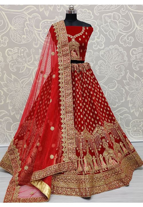 Velvet Red Traditional Royal Work Embroidery Bridal Lehenga SFANJ1154 - Siya Fashions