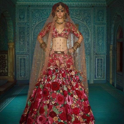 Victory Glamours Red Bridal Floral Lehenga Choli In Silk SFIN2014 - Siya Fashions