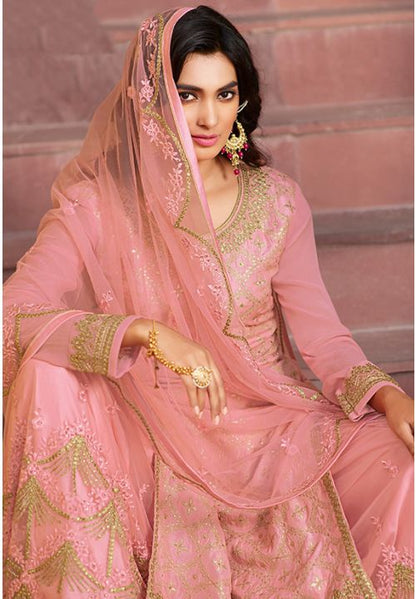 Wedding Pink Embroidery Designer Palazzo Suit Dola Jacquard SFSA286002 - Siya Fashions