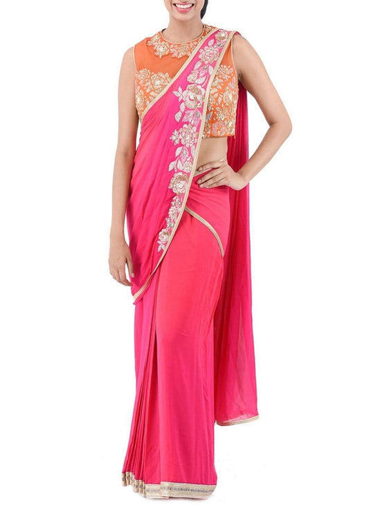 Wedding Hot Pink Ready To Wear Saree In Silk SF0942IN - Siya Fashions