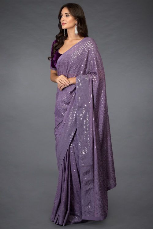 Wedding Saree Purple Velvet Top Sequined SIYA781INS - Siya Fashions