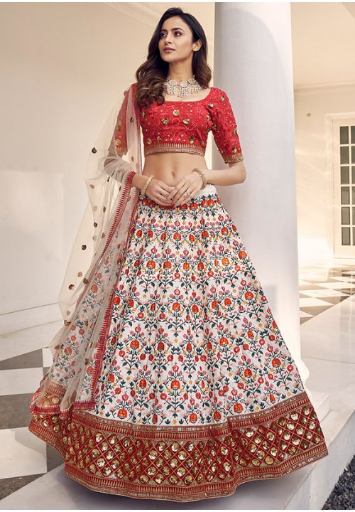 White Embroidery Art Silk Indian Bridal Lehenga SRKHU12004 - Siya Fashions