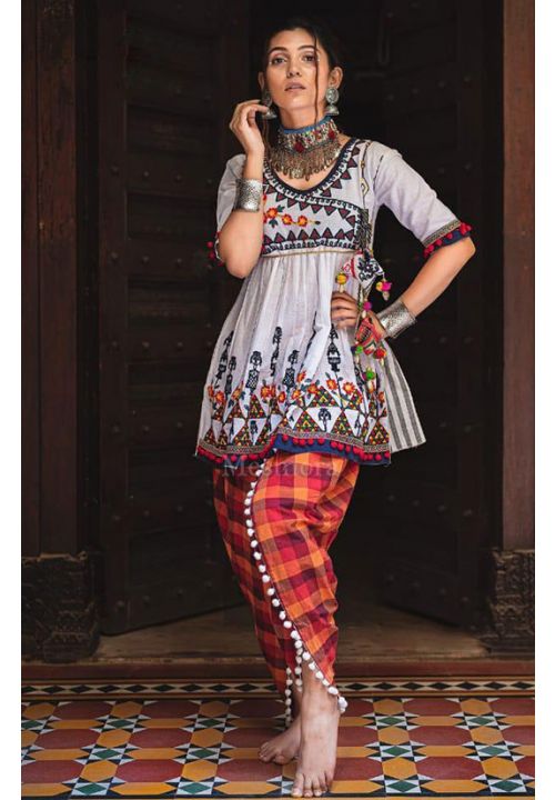 White Indo Western Navaratri Dholi Salwar Pant In Khadi SANB45403R - Siya Fashions