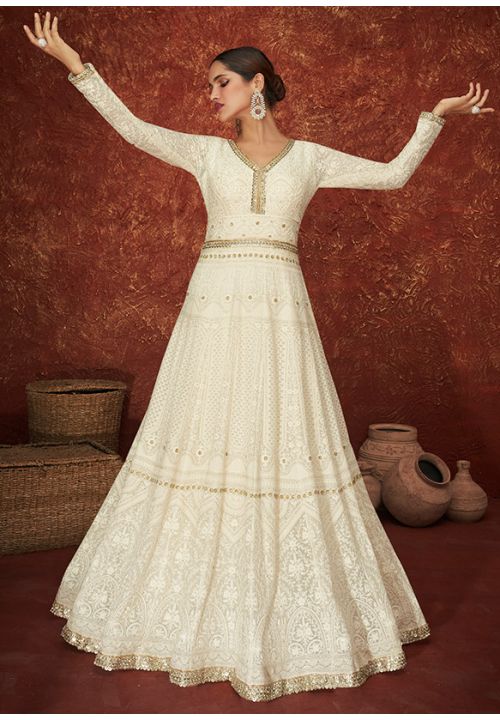 White Long Wedding Anarkali Gown In Georgette SFYS78201 - Siya Fashions