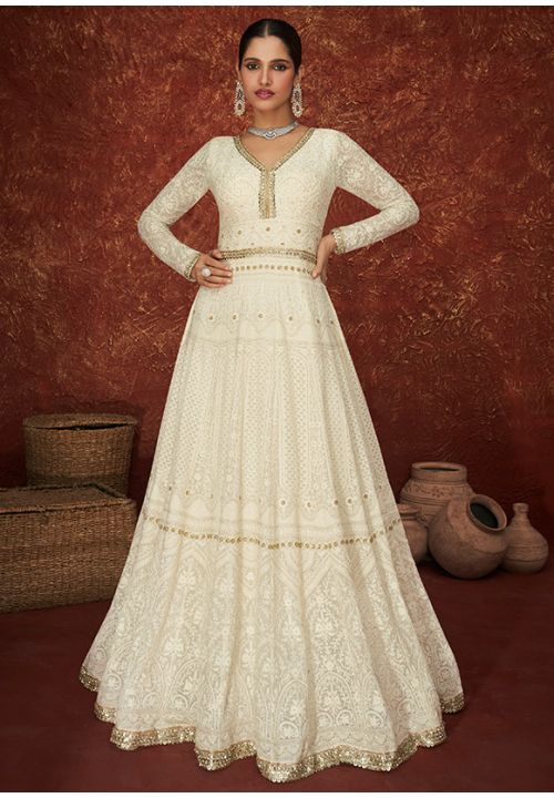 White Long Wedding Anarkali Gown In Georgette SFYS78201 - Siya Fashions