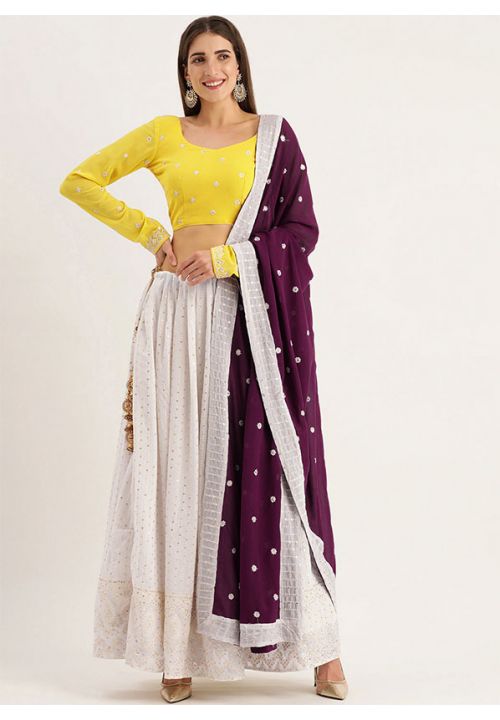 White Yellow Sangeet Party Wear Indian Lehenga In Silk YDVEP21108 - Siya Fashions