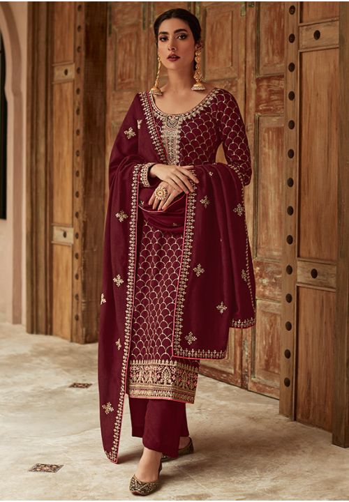 Wine Indian Pakistani Silk Long Palazzo Suit SFYS88902 - Siya Fashions