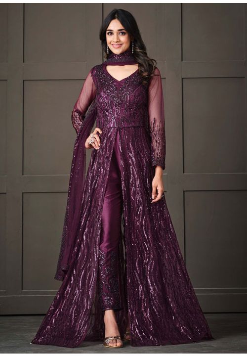 Wine Net Wedding Indian Pakistani Long Gown Anarkali Suit SFVPL20902