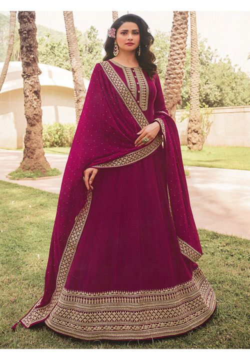 Wine Prachi Desai Georgette Sangeet Anarkali Gown SIPRF141201 - Siya Fashions