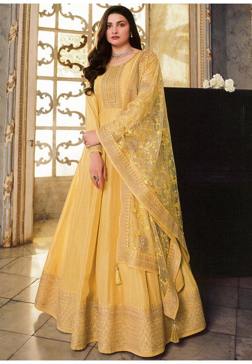 Yellow Bollywood Prachi Desai Long Anarkali Sangeet Gown SFPRF162404 - Siya Fashions