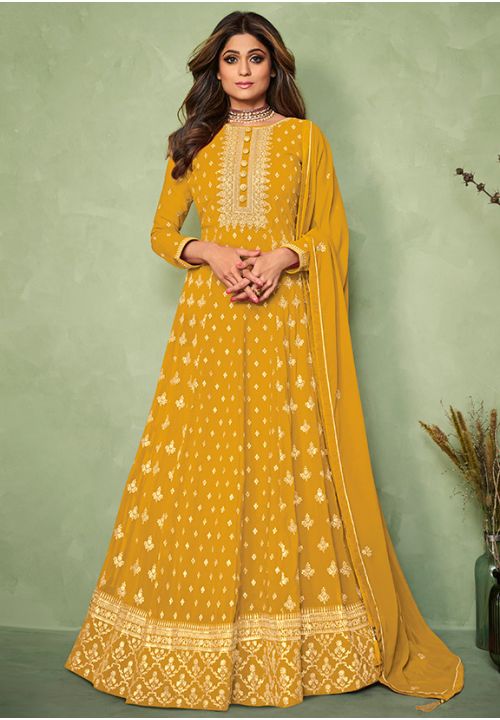 Yellow Bollywood Wedding Georgette Anarkali Churidar Suit SFSA327504 - Siya Fashions