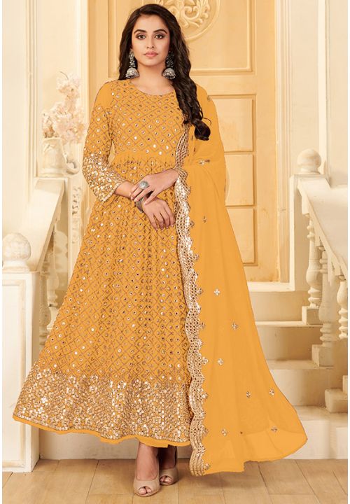 Yellow Designer Party Anarkali Suit With Foil Work SFYS70009 - Siya Fashions