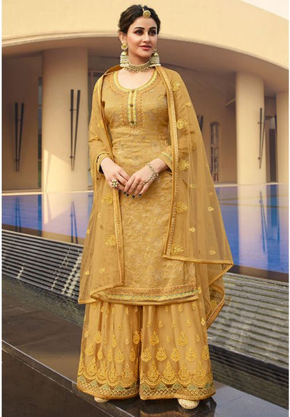 Yellow Embroidered Jacquard Wedding Palazzo Kameez EXSA266807 - Siya Fashions