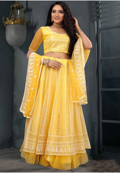 Yellow Evening Net Lehenga Choli With Lucknowi Work SFANB57404 - Siya Fashions