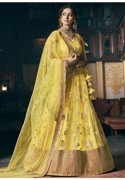 Yellow Haldi Bridal Reception Lehenga Set In Net SFANB55402 - Siya Fashions