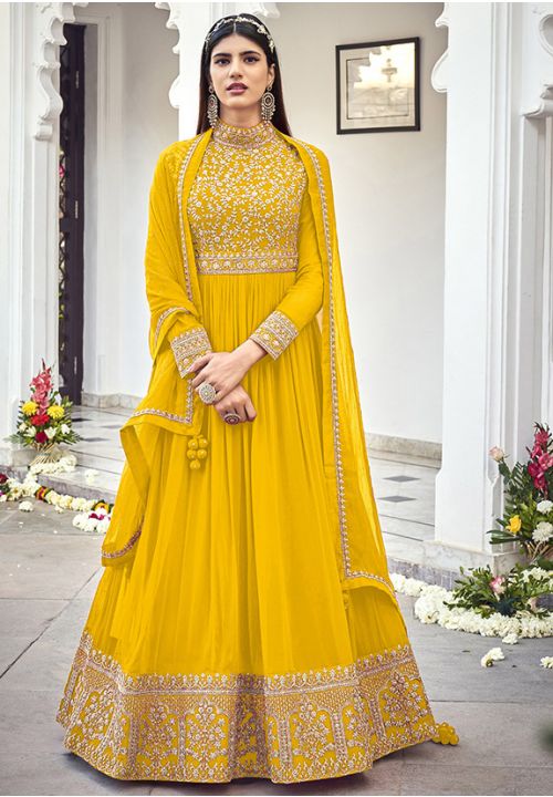 Yellow Haldi Georgette Indian Pakistani Party Long Anarkali SFDSIF7404 - Siya Fashions