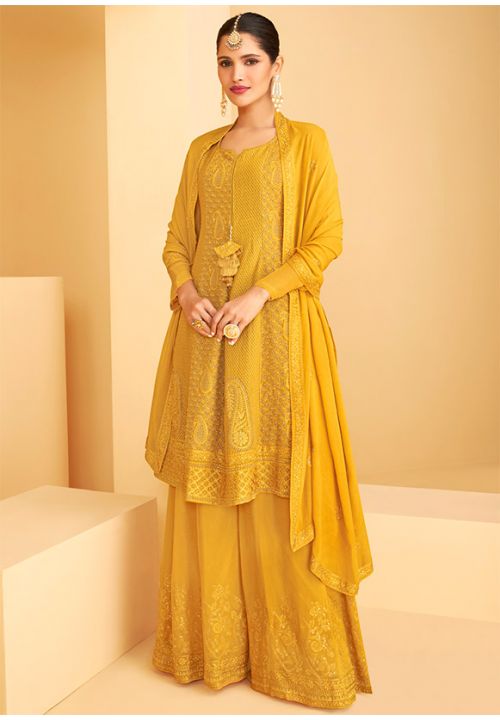 Yellow Haldi  Indian Pakistani Palazzo Suit In Chinon Chiffon SFYS76803 - Siya Fashions