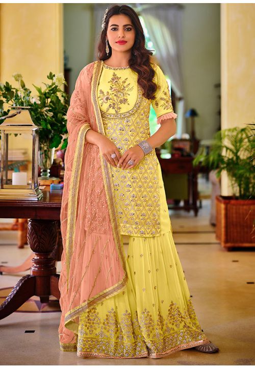 Yellow Haldi Sangeet Wedding Georgette Long Palazzo Suit SFKF4802 - Siya Fashions