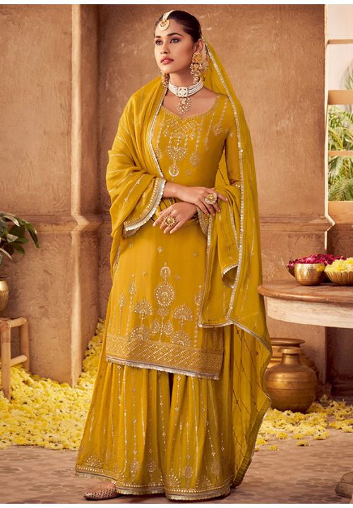 Yellow Indian Pakistani Palazzo Suit In Chinon Chiffon SFSTL17801 - Siya Fashions