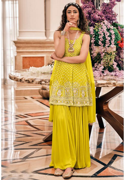 Yellow Indian Palazzo Salwar Suit In Georgette  SFROY341303 - Siya Fashions