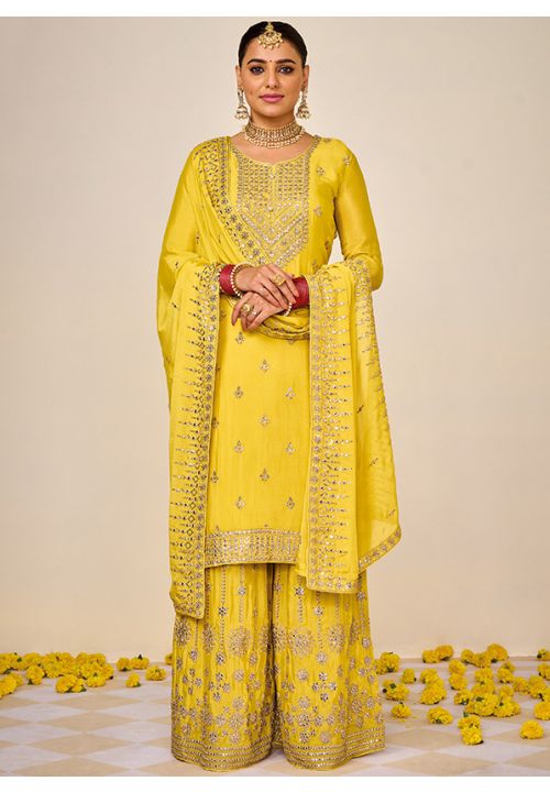 Yellow Karva Chauth Palazzo Suit In Chinnon SFFK8102 - Siya Fashions