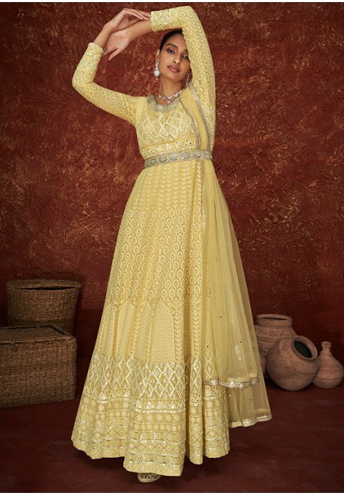 Yellow Long Wedding Anarkali Gown In Georgette SFYS78202 - Siya Fashions