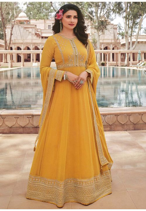 Yellow Prachi Desai Georgette Sangeet Anarkali Gown SIPRF141204 - Siya Fashions