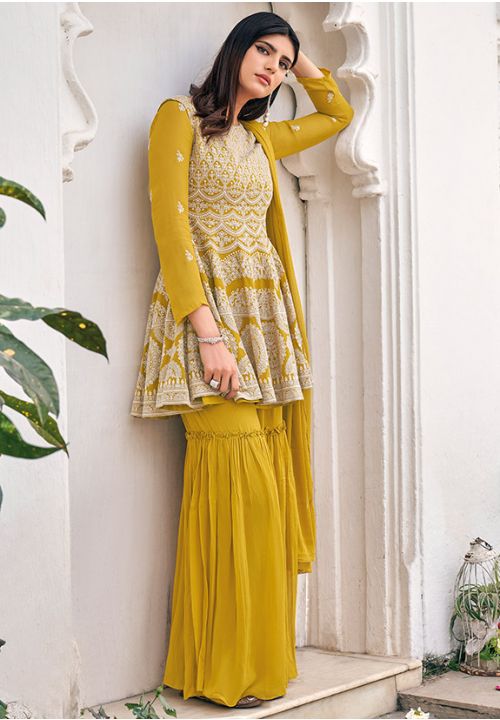 Yellow Viscose Georgette Haldi Palazzo Suit Thread Work EXDSIF5401 - Siya Fashions