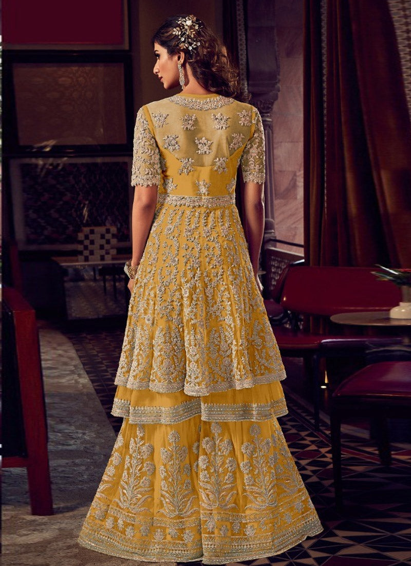 Yellow Wedding Reception Net Sharara Palazzo Suit FZSF90674 - Siya Fashions