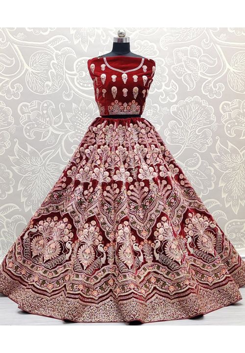 Red Velvet Indian Bridal Lehenga Zircon Stone Work SFANJ1361 - Siya Fashions