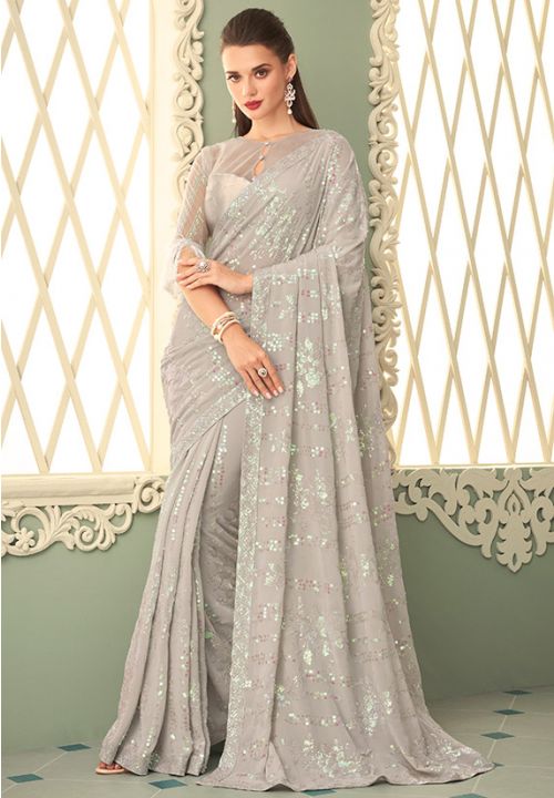 Grey Modest Indian Wedding Reception Saree SFSA354003 - Siya Fashions