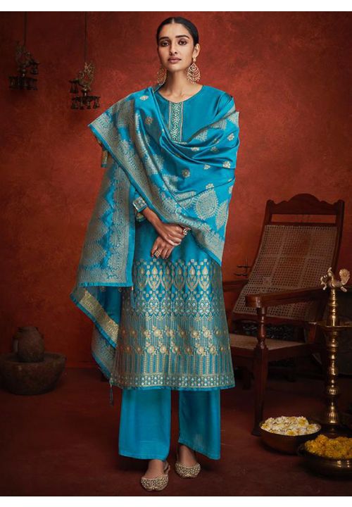 Sky Blue Sangeet  Jacquard Silk Plus Size Palazzo SFSA308506 - Siya Fashions
