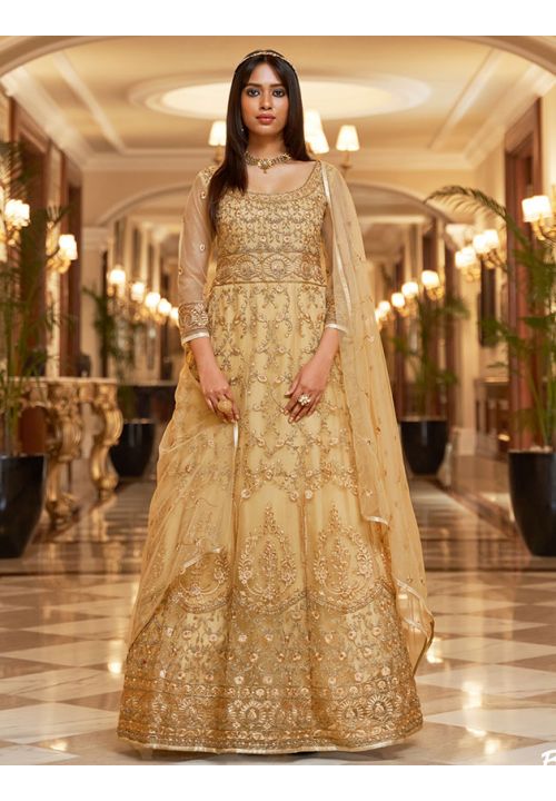 Gold Beige Bridal Wedding Long Anarkali Gown In Net SFSA308702 - Siya Fashions