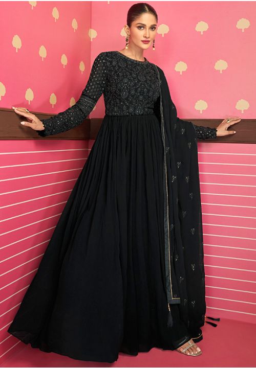 Black Reception Anarkali Wedding Gown In Georgette SSMT2804 - Siya Fashions