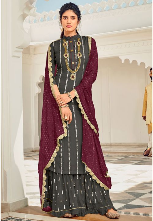 Slate Black Indian  Pakistani Wedding Palazzo Suit In Georgette SFFK5003 - Siya Fashions