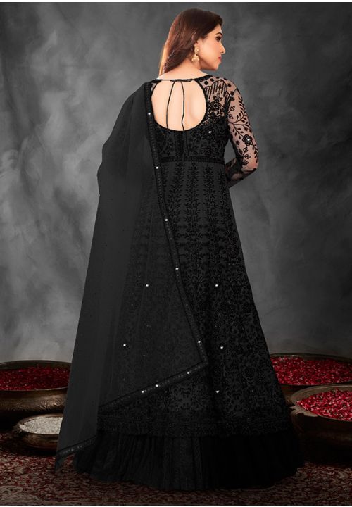 Bollywood Style Premium Designer Jet Black Color Zari Embroidered Work Anarkali  Gown With Designer Dupatta and Waist Belt, 2 Pc Anarkali Set - Etsy