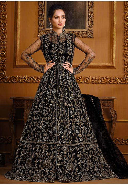 Black Indian Pakistani Bridal Gown Anarkali Suit In Net  SFVPL18804 - Siya Fashions