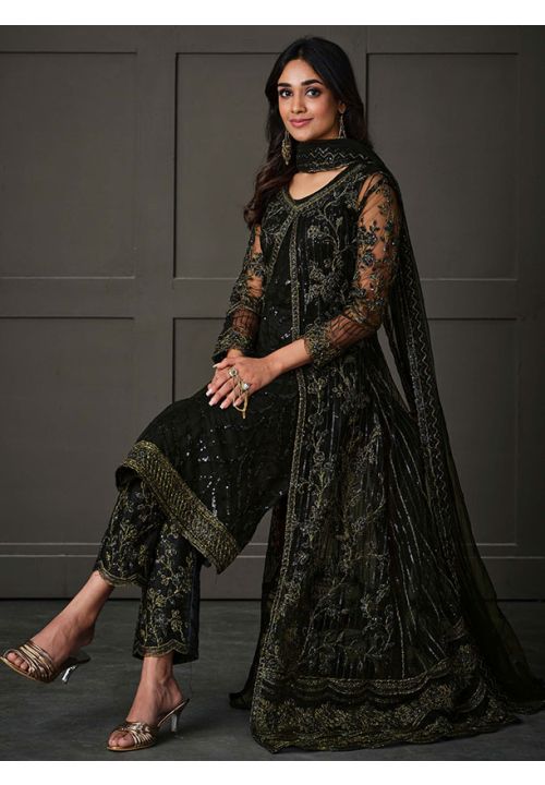 Black Net Wedding Indian Pakistani Long Gown Anarkali Suit SFVPL20904