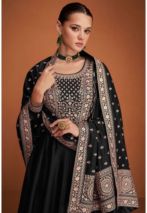Black Bridesmaid Embroidered Anarkali Suit In Silk SFZYS94902