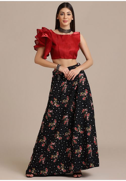 Black Red Floral Crepe Lehenga Choli SFROY398001 - Siya Fashions
