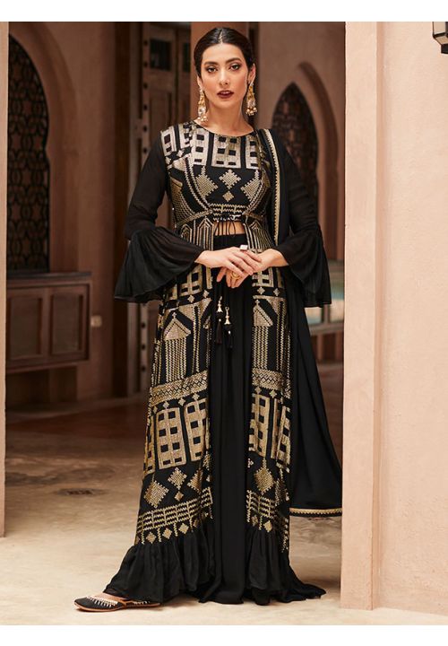 Black Indian Pakistani Palazzo Salwar Kameez Suit SFYS90304 - Siya Fashions