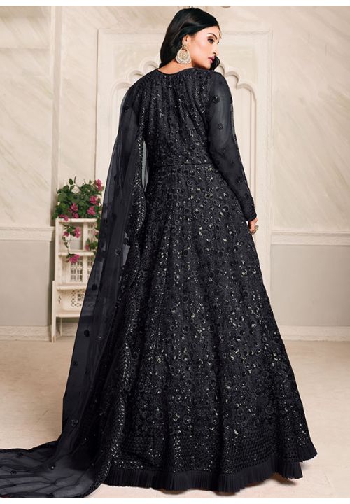 Black Wedding Party Anarkali Sangeet Gown In Net SFDFS15101 - Siya Fashions
