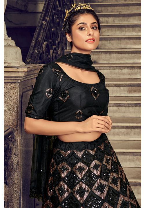 Black Sequin Indian Bridal Lehenga In Net SRKHU9902 - Siya Fashions