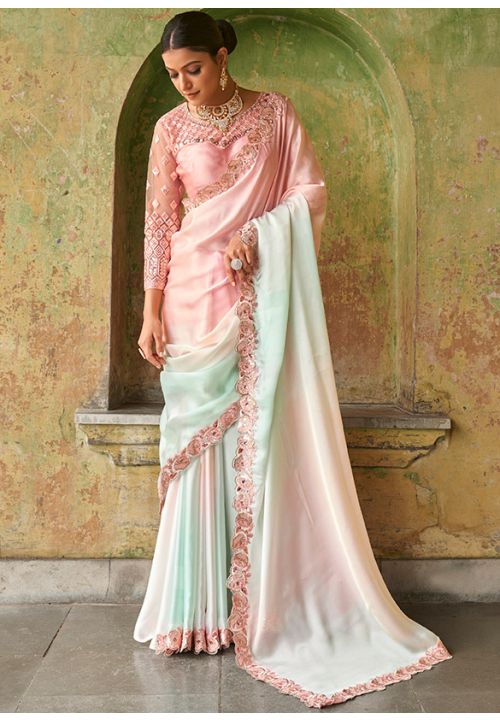 Pink Green Shaded Satin Silk Designer Cocktail Party Indian Saree SFBLK23003 - Siya Fashions