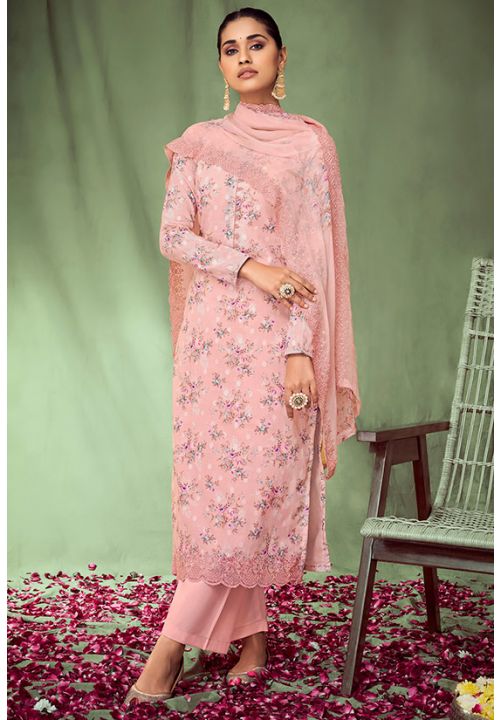 Pink Cotton Jacquard Plus Size Summer Palazzo Suit SFSTL18906 - Siya Fashions