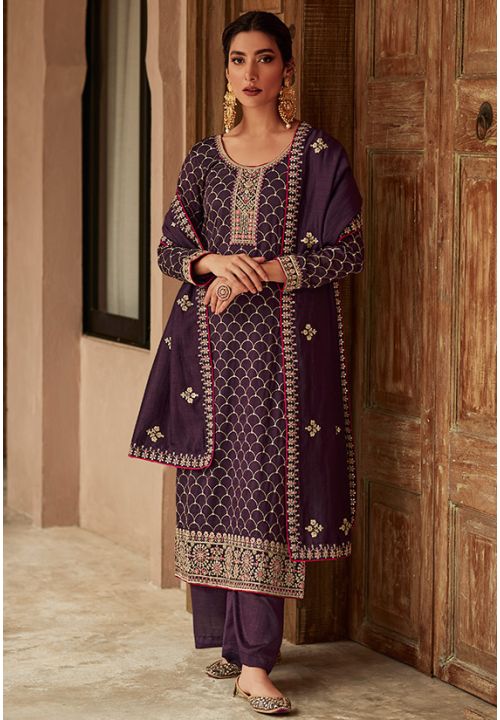 Purple Indian Pakistani Silk Long Palazzo Suit SFYS88904 - Siya Fashions