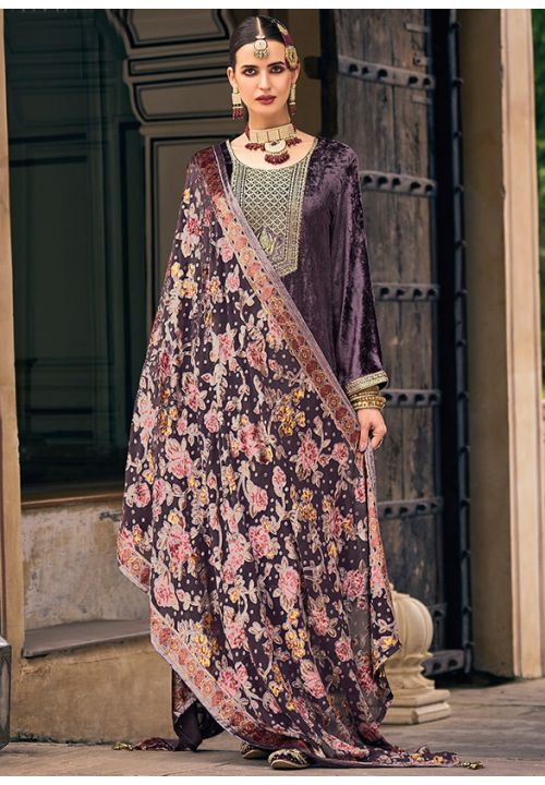 Purple Velvet Indian Sangeet Plus Size Palazzo Suit SFSTL22902 - Siya Fashions