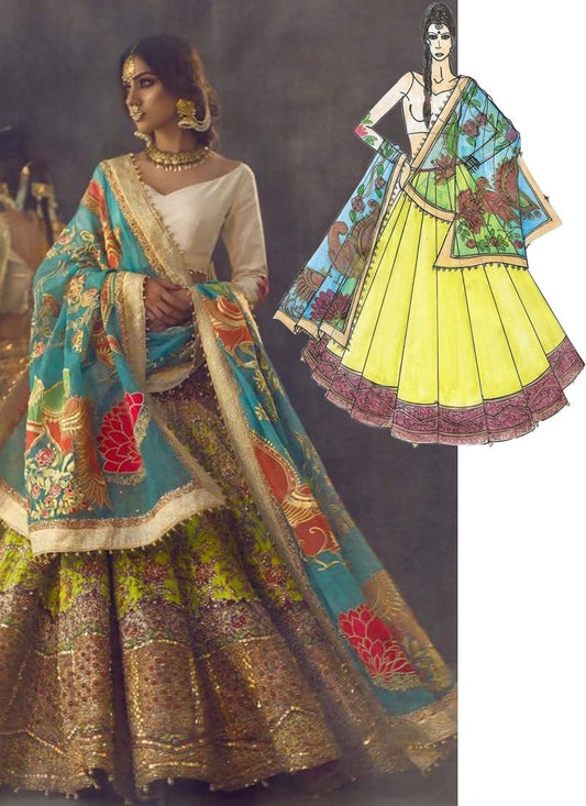 Xeeshan Ali Inspired Bridal Lehenga Choli In Yellow Green SFSHR098 - Siya Fashions