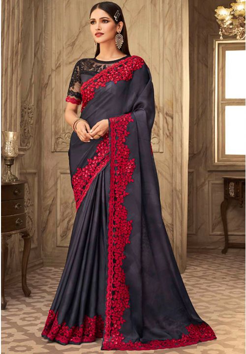 Slate Grey Silk Evening Look Indian Saree SFSA303808 - Siya Fashions